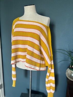 Free People Striped Off-Shoulder Women's Sweater - Mustard & Pink